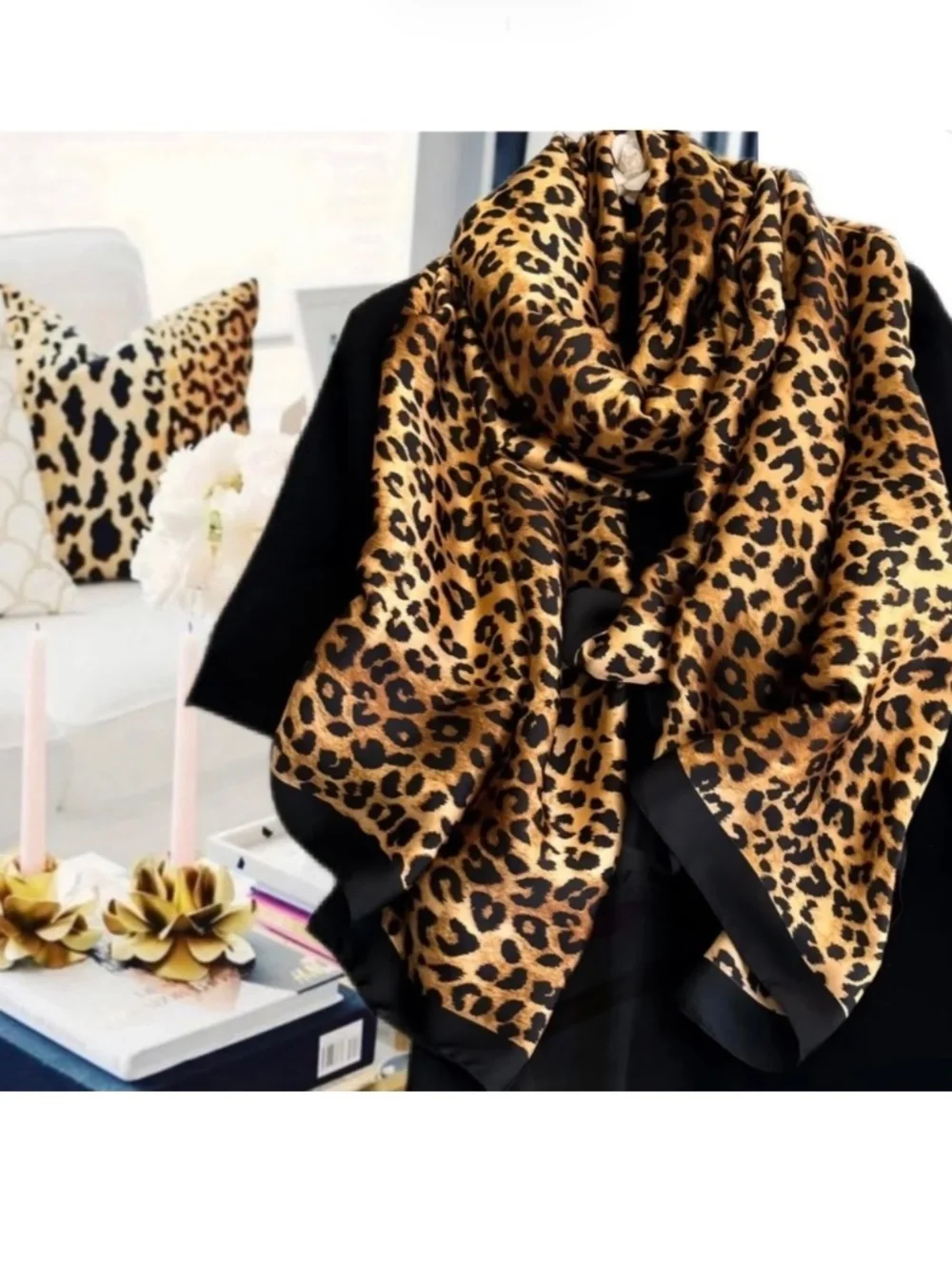 Luxury 100% SILK SATIN Large Shawl Leopard Print Scarf Animal Print Wrap Coverup
